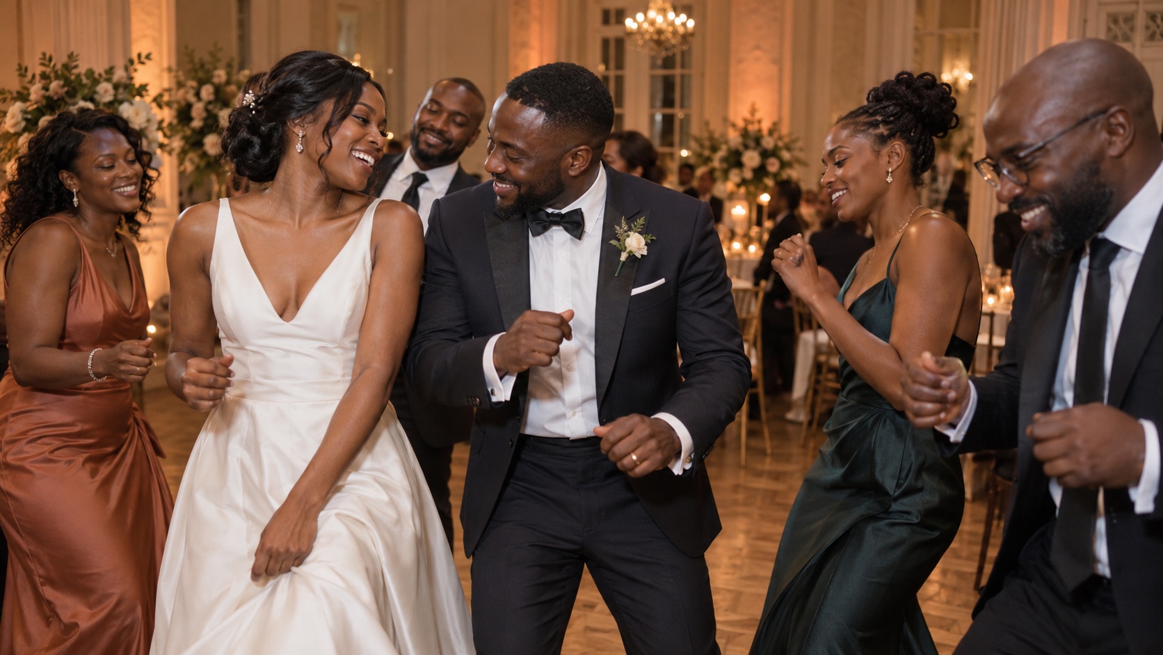 Photo d’illustration d’un couple de mariés noirs et de leurs proches sur la piste de danse